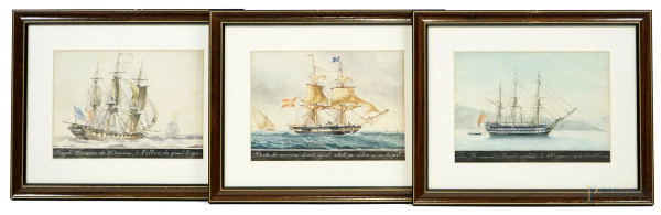 Lotto di tre acquarelli raffiguranti navi, cm 17x24, firmati Noel, entro cornici.