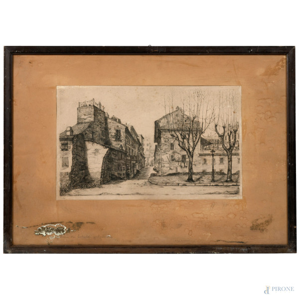 Incisione di Antonio Carbonati, Lungotevere dei Tebaldi-Roma, es. 5/50, firmato in basso a destra, cm 45x65 compreso passepartout, entro cornice (ondulazioni, segni di usura, tracce di umidità)