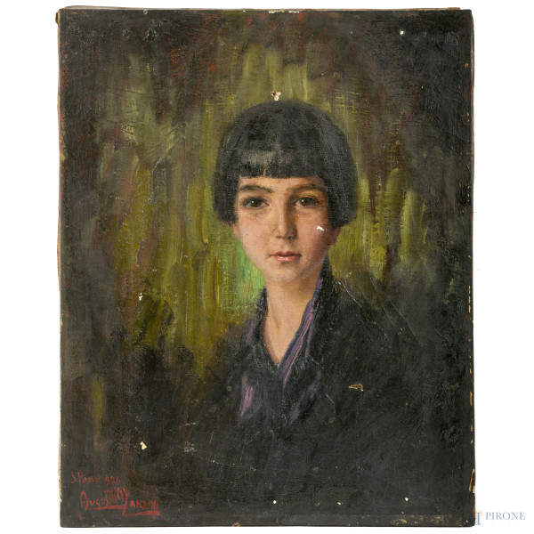 Ritratto di bambina, XX secolo, olio su tela, cm 57x45 , firmato in basso a sinistra e datato "1926", (difetti, cadute di colore, lacerazioni, fessurazioni)
