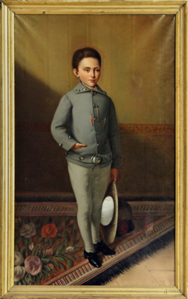 Ritratto di fanciullo, olio su tela, fine XIX sec., cm 134 x 80, entro cornice.