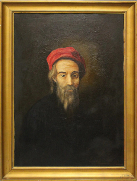 Ritratto d&#39;uomo con copricapo rosso, olio su tela firmato L. da Siracusa, datato 1904, cm 100 x 70.