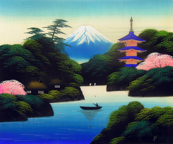 Artista nipponico del Novecento, Paesaggio fluviale con Monte Fuji sullo sfondo, dipinto su seta, cm 41x35 