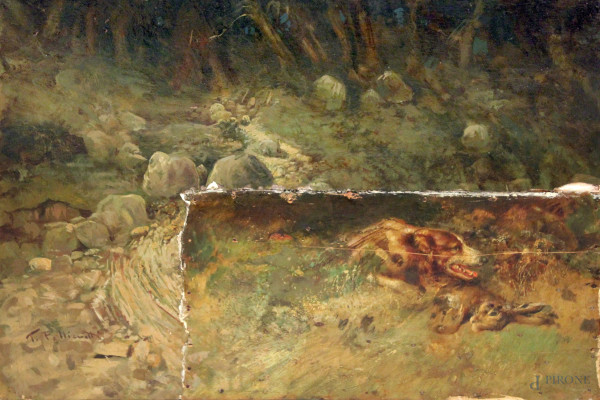 Frammento di scena di caccia, olio su tavola, 30x42 cm 