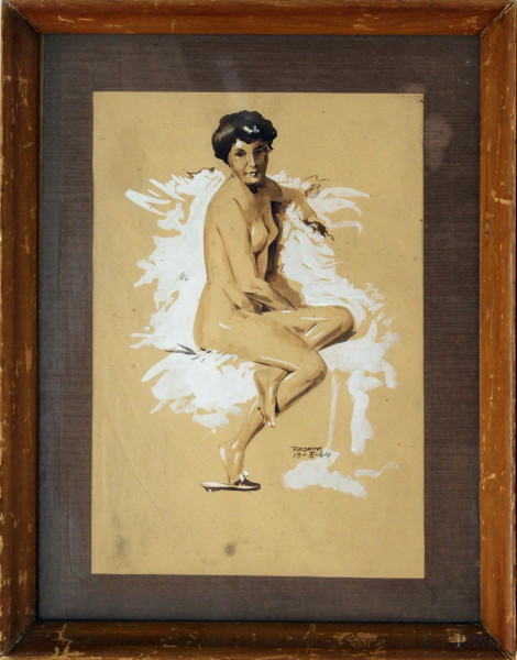 Nudo di donna, tecnica mista su carta, cm 31x21, firmato Tarquini, datato 13/03/44, entro cornice.