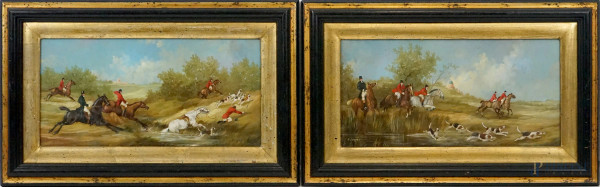 Coppia di dipinti raffiguranti la caccia alla volpe, olio su rame, cm 22,5x40, firmati, entro cornice