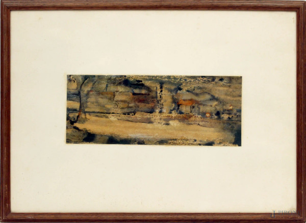 Paesaggio di campagna, olio su cartoncino, cm 11 x 28, entro cornice.