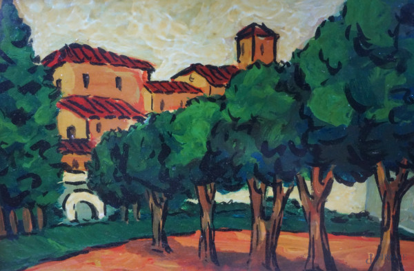 Carlo Antoci (XX secolo), Paesaggio, olio su compensato, cm 13x18,5, entro cornice