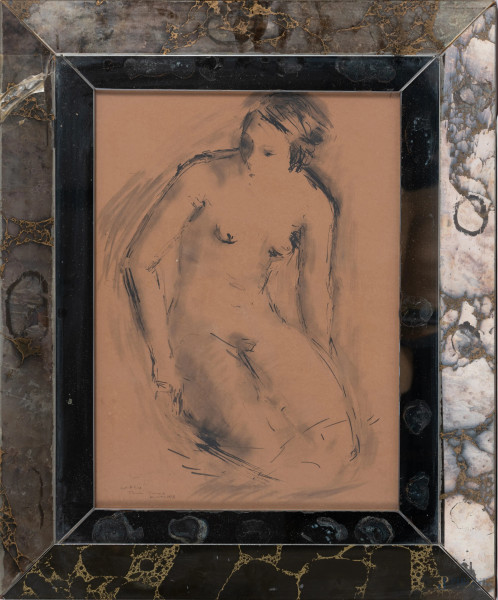 Nudo di donna, disegno a tecnica mista su carta, cm 47x34, firmato e datato 