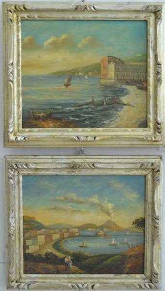 Scorci Napoletani con barche e pescatori, coppia di dipinti ad olio su tavola 35x30, entro cornice.