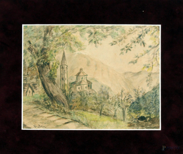 Paesaggio con chiesa, acquarello su carta, cm 19x25, firmato
