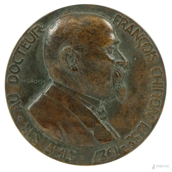 Medaglia in bronzo raffigurante Francois Chiron 1852-1927, H. Dropsy, 1929, diam. cm 7