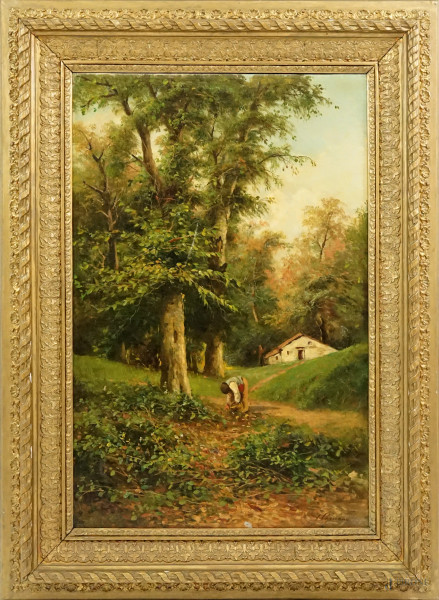 Francesco Capuano - Contadino nel bosco, olio su tela,cm 70x57, entro cornice