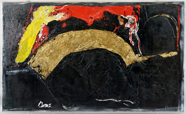 Tiziana  Manoscalco Monos - Il mistero nero e oro, tecnica mista su tela, cm 60x100, entro teca in plexiglass.