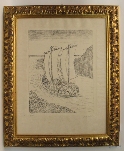 Giorgio De Chirico - La barca misteriosa, litografia, cm 50x65,5, 1973, entro cornice, (con timbro a secco).