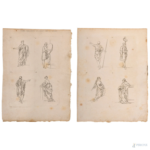 Sebastien Leclerc  (1637 – 1714), Coppia di acqueforti raffiguranti antichi romani, foglio cm 27x20, (tracce di umidità e segni di usura ai margini)