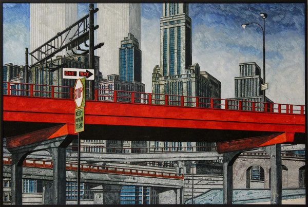 Tonino Caputo - Tonino Caputo, Brooklyn Bridge and Twins, dipinto ad olio su tela, cm 81 x 121.