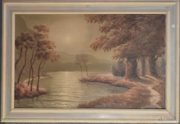 Paesaggio fluviale con alberi, olio su tela 99x58 cm, entro cornice primi 900.