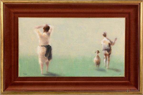 Fernando Troso (Lecce, 1910 – Roma, 1990), Figure con pecora, olio su cartone, cm 24,5x44, entro cornice, XX secolo, firmato in basso a sinistra "Troso" e datato a destra, (difetti)