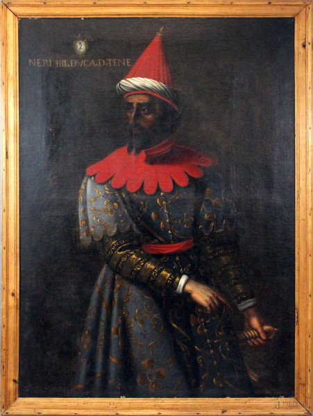 Attr. Cristofano dell'Altissimo (Firenze, 1525 - 1605), Ritratto di Neri II Acciaiuoli (IV Duca d’Atene), olio su tela, cm. 154x112, entro cornice.