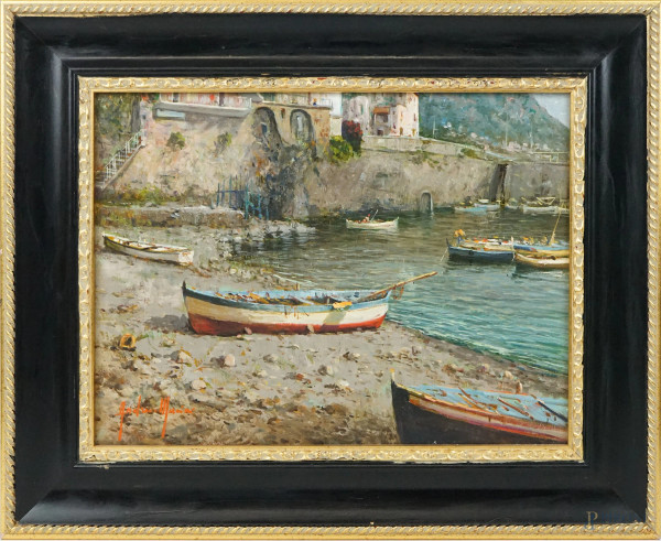 Barche a Lipari, olio su tela, cm 30x40, firmato Andrea Marini, entro cornice