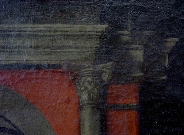 Pittore bolognese del XVII secolo, San Benedetto scaccia il diavolo, olio su tela, cm 145,5x97