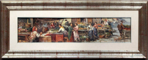 Scorcio di mercato, olio su tela, cm. 20x80, firmato, entro cornice.