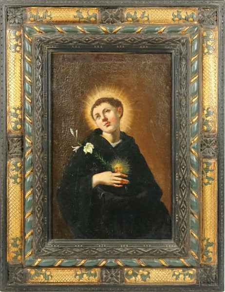 Pittore del XVIII secolo, Sant'Antonio da Padova, olio su tavola, cm 26,5x17,entro cornice.