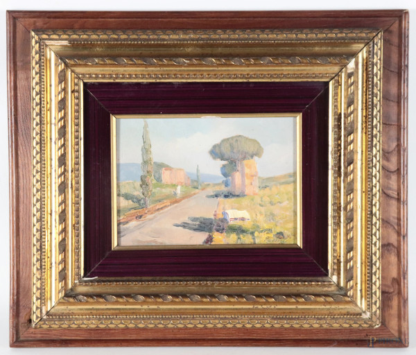 Veduta dell'Appia Antica, XX secolo, olio su compensato, cm 13x17, firmato in basso a destra, entro cornice, (segni di usura, fessurazione)