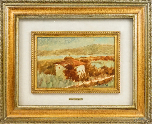 Paesaggio lacustre con casa, olio su cartone telato, cm 19,5x30, firmato, entro cornice.
