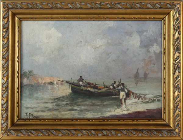 Marina con imbarcazioni, olio su tavola, cm 22x30, firmato, entro cornice.