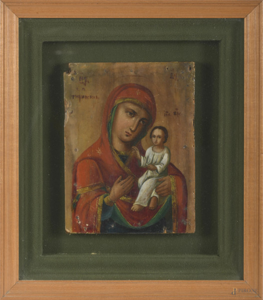 Icona ortodossa raffigurante Madonna con Bambino,  XIX secolo, tempera su tavola, cm 19x14,5 entro cornice, (mancanze ai margini e usura del tempo)