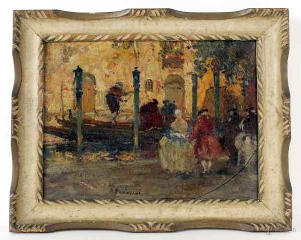 Scorcio di Venezia con figure, olio su tavoletta, cm 18x24, firmato, entro cornice, (difetti)
