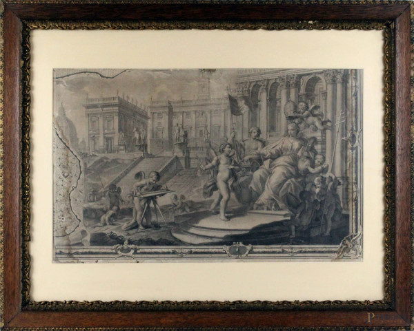 Allegoria della Chiesa Cattolica seduta in Campidoglio, incisione da Giovanni Battista Nolli (1701–1756), cm 43x69, fine XVIII secolo-inizi XIX secolo, (difetti)