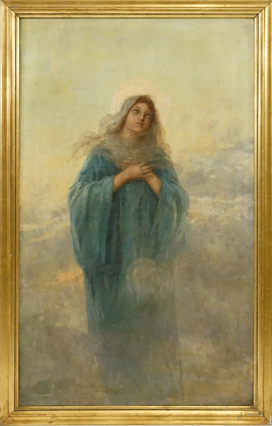 Madonna, olio su tela, cm 104x62, fine XIX-inizi XX secolo, entro cornice.