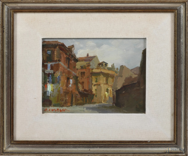 Rinaldo Caressa (1929-2009), Vicolo del Cedro, XX secolo, olio su cartone telato, cm 15x20, firmato in basso a sinistra, entro cornice, (segni di usura)