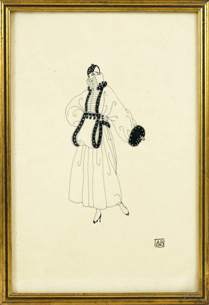 Figura femminile in abiti Art Decò, china su carta lucida, siglato in basso a destra AB, cm 29,7x20, entro cornice