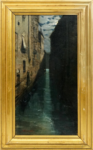 Scorcio di Canale veneziano, olio su tela, cm 40,5x21,5, firmato, entro cornice.