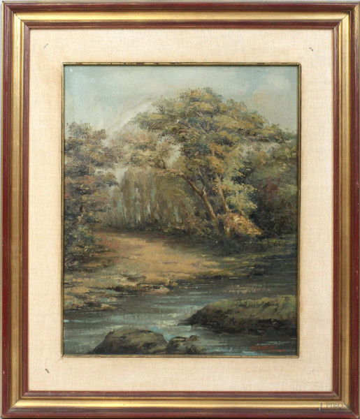 Paesaggio fluviale, olio su cartone telato, cm. 50x40, firmato, entro cornice.