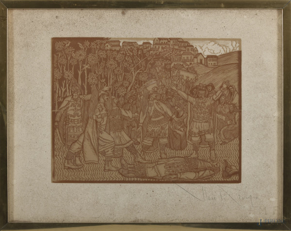 Ettore di Giorgio (1890-1971), lotto di 3 xilografie, misure massime cm 29,5x38, firmate, entro cornice, (difetti)