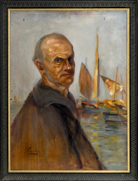 Ritratto di pescatore, XX secolo olio su compensato, cm 76x50 entro cornice, firmato in basso a sinistra
