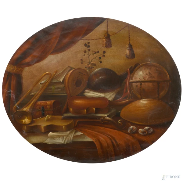 Scuola cremonese della fine del XVIII secolo, Natura morta con mappamondo, mandolini e tromba, olio su tela ovale, cm 79x97,5, (difetti)