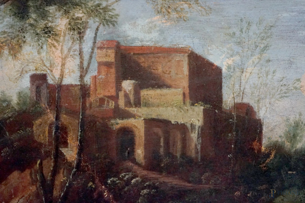 Paesaggio con ruscello, sec. XVIII-XIX, olio su tela, cm 57,5x66,5, entro cornice, (difetti)