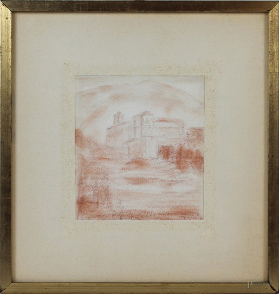 Nicola Rossini - Paesaggio con casale, matita rossa su carta, firmato e datato, cm. 16,5x14,5, entro cornice.