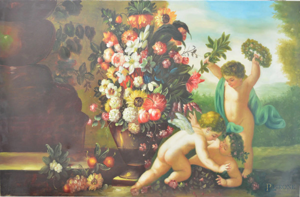 Allegoria con putti e fiori, olio su tela, 90x150 cm.