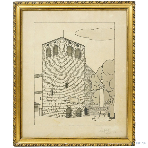 Trieste-Cattedrale di San Giusto, multiplo su carta, cm 37x31, firmato e datato, entro cornice