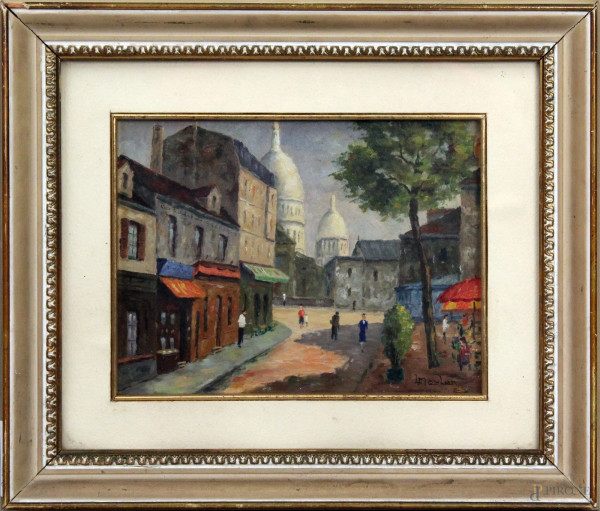 Scorcio di città francese, olio su tavola, 15x20 cm, entro cornice firmato L.Moulon