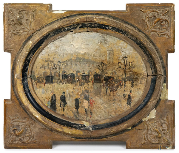 Piazza con carrozze e figure, olio su tavola, cm 30x40, firmato P. Scoppetta, entro cornice.