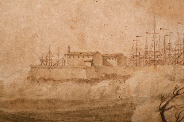 Pittore tedesco attivo in Italia nel XVIII secolo, Il naufragio, tecnica mista su ardesia, cm 56x...