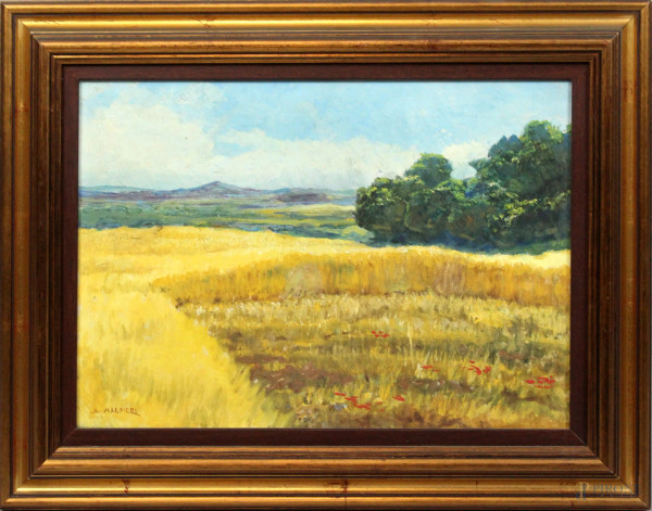 Arnaldo Malpieri - Paesaggio con campo di grano, dipinto ad olio su tela, cm 25x35, entro cornice