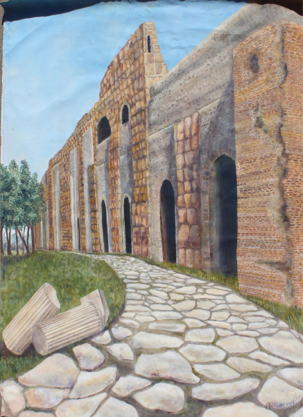 Trompe l'oeil, raffigurante ruderi romani, tempera su tela 235x220 cm.